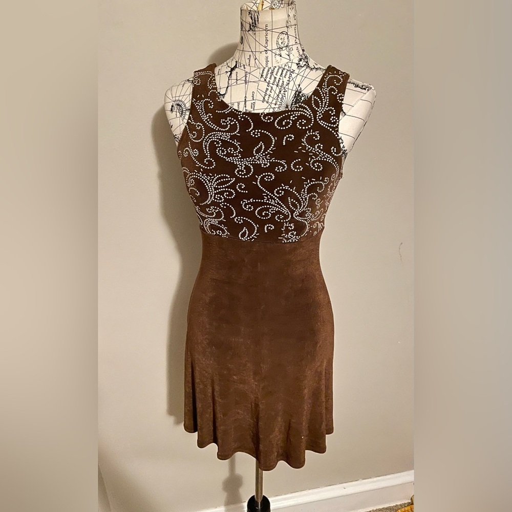 La Belle Brown White Embellished Mini Cocktail Dress
